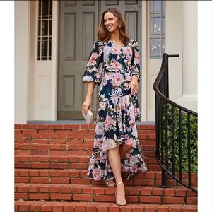 Eliza J Floral Long Sleeve High-Low Faux Wrap Dress in Navy Multi